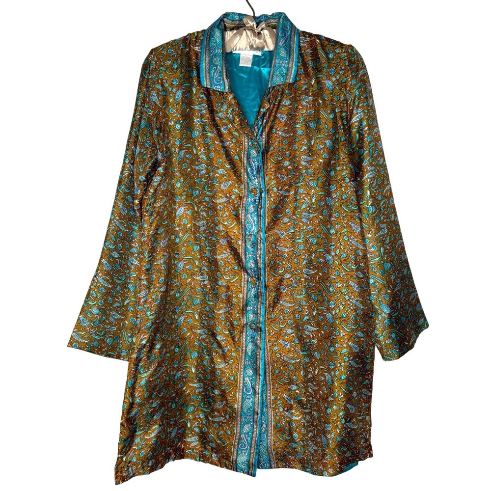 Soft Surroundings Medium Gold Teal Paisley 100% Silk Tunic Kurta Jacket India